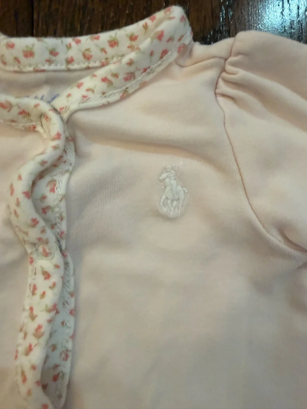 Ralph Lauren Baby Pink Snap-Front Onesie with Floral Trim
